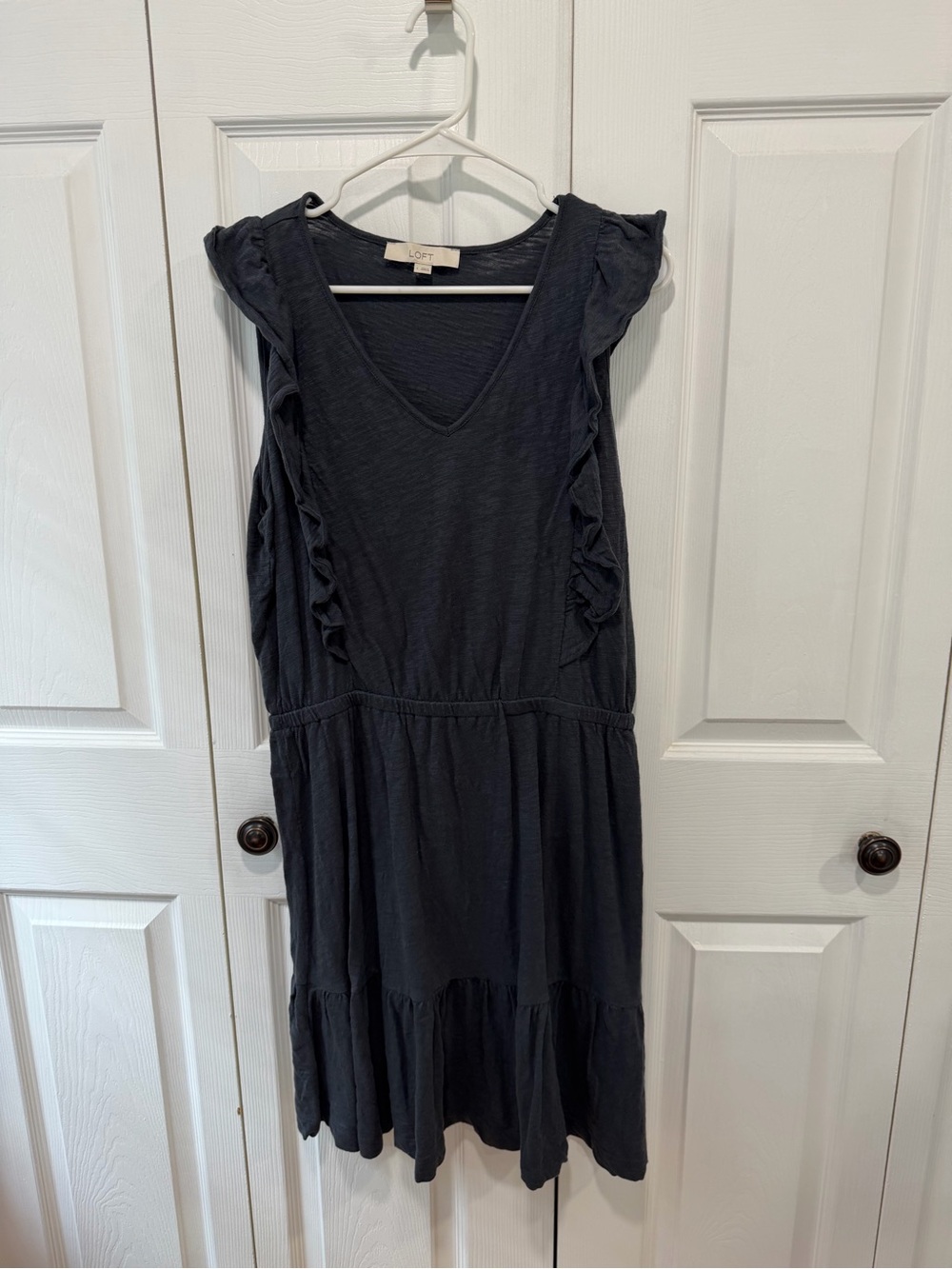 LOFT Charcoal Ruffle Sleeve V-Neck Tiered Midi Dress